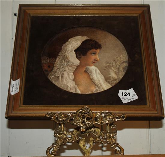 Painted porcelain plaque - Head of a lady, with brass easel frame